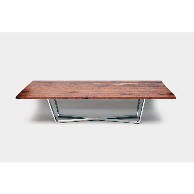 Gax Walnut Solid Wood Top Metal Base Dining Table, 36" W x 96" L, Polished Stainless Steel