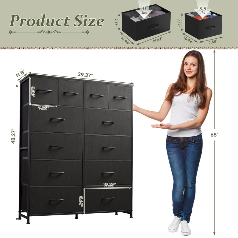 39.37" W 12-Drawer Fabric Dresser with Wood Top, Storage Chest, Black