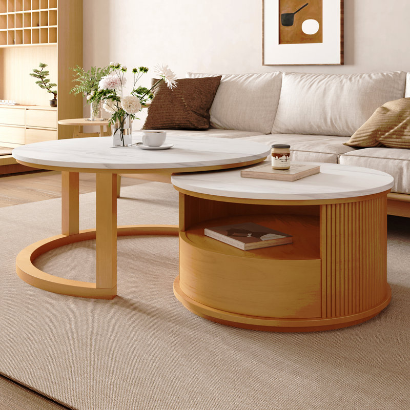 Table basse gigogne ronde avec plateau en marbre, rangement à 2 niveaux et 1 tiroir, 28,5 po