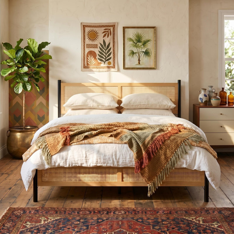 Très grand cadre de lit en rotin de très grande taille avec tête de lit en osier tissé à la main, cadre de lit plateforme Boho, rangement sous le lit, aucun sommier requis, lattes de bois, assemblage facile, silencieux