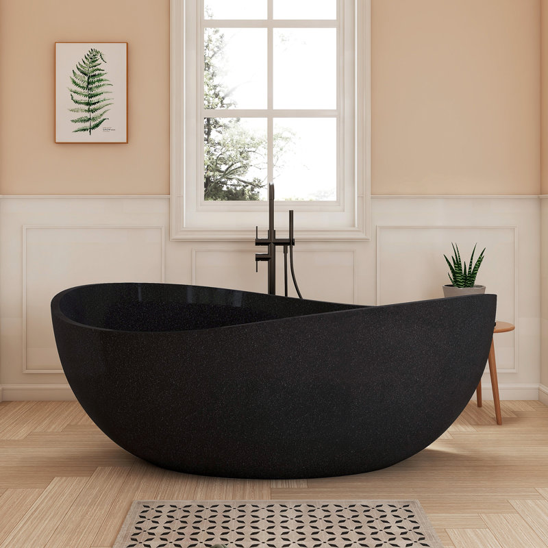 Fslefay 65'' Terrazzo Freestanding Deep Soaking Bathtub, Speckled Solid Surface Stone Resin Stand Alone Tub with Overflow