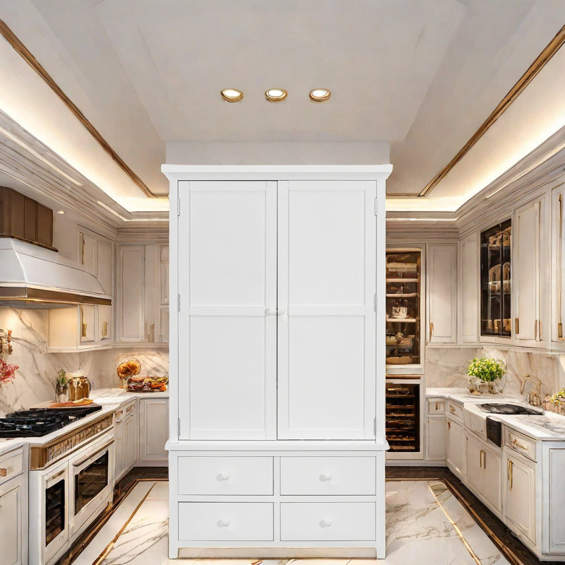 Garde-manger autoportant avec 8 tablettes de porte, 3 tablettes réglables, 7 tiroirs et 8 supports à vin, Blanc