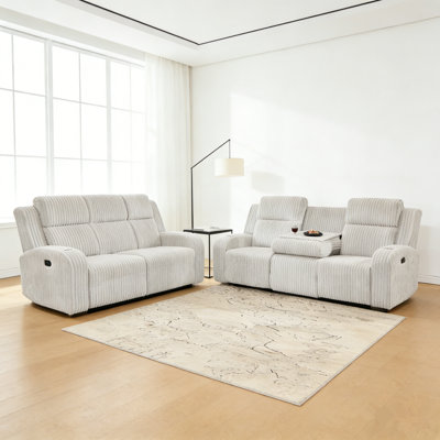 Ensemble canapé relax 3+3 places, relax manuel, revêtement en velours côtelé, dossier central rabattable, haut-parleur intégré, port de chargement USB, chargeur sans fil pour téléphone, porte-gobelets, salon, gris, 3+3 places
