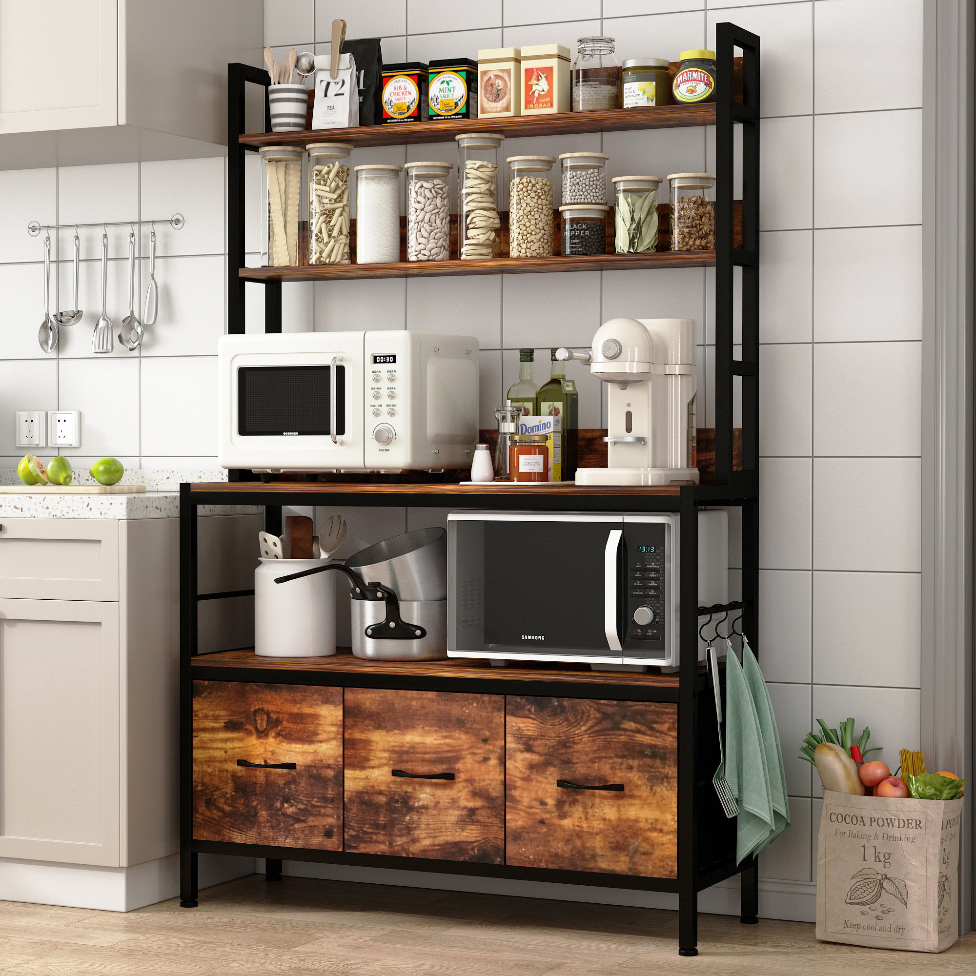 17 Stories Kitchen Bakers Rack With 4 Fabric Drawes And Microwave ...