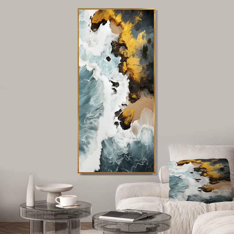 Sable tropical aérien - art mural plage, Cadre flottant doré, H 60 po x l 28 po x P 1,5 po