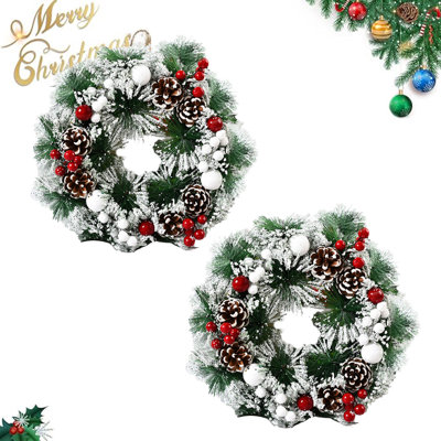 2 PCS couronnes de Noël pour la porte d'entrée, 12 pouces couronne de Noël en plein air pommes de pin pour fenêtre décorations de Noël d'hiver