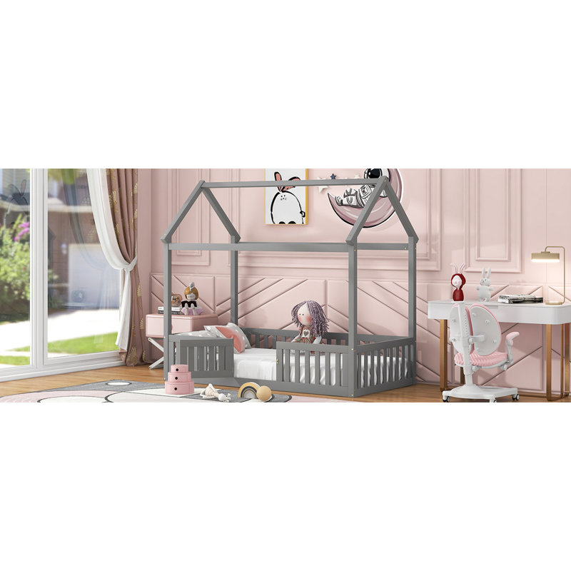 Grey Twin House Bed With Fence, Door - Pine Build Size Bed, Grey, Fence And