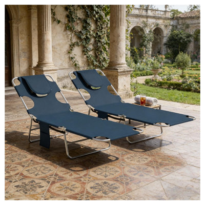 Méridienne d'extérieur bleu foncé avec motif de bronzage face cachée et fentes pour les accoudoirs