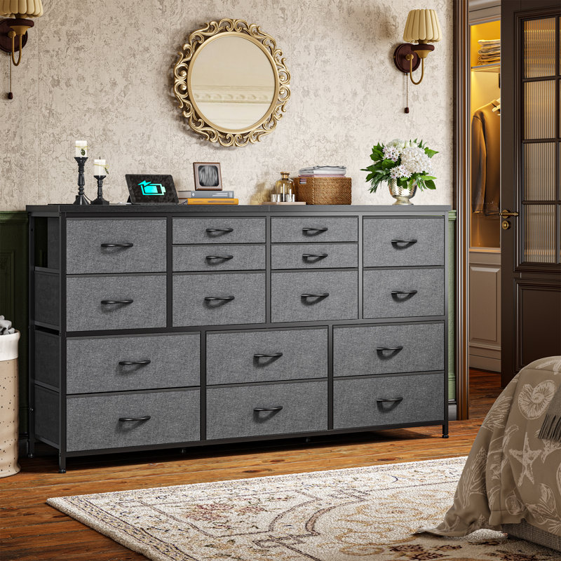 51" Wide 16-drawer Multi-functional Dresser，bedroom Storage Organizer With Usb Charging Station, Gray
