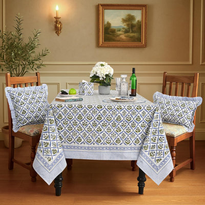 Blue 60X60 Inch Square 100% Cotton Hand-Printed Tablecloth, Washable, Suitable For Halloween, Thanksgiving/Christmas Parties, Wedding, Autumn Decoration Of Farmhouse-Style Tablecloth