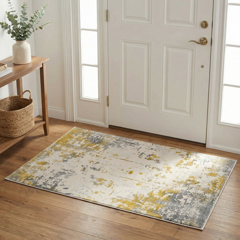 Tapis d'entrée à motif abstrait doré / gris 3 pi x 5 pi (2 pi 8 po x 4 pi 8 po) Branch Branch Solenne, 3' x 5'