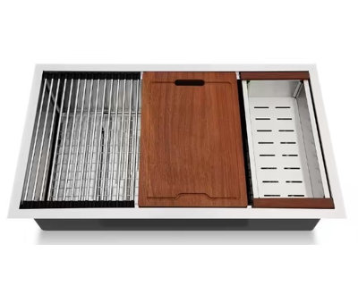 Undermount R0 Pro Station / Ledge Kitchen Sink Single Bowl 32" x 19" Handmade 18 Gauge Stainless Steel with accessories