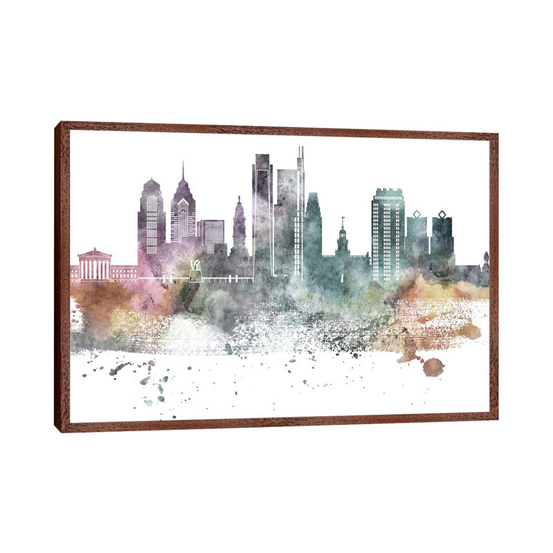 Philadelphia Pastel Skylines 1 Piece Wall Art on Canvas, 66.04 cm H x 45.72 cm W, Classic Brown Wood Framed