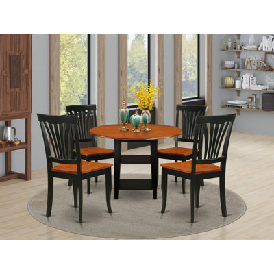 Ensemble de salle à manger 5 pièces comprenant une table ronde avec abattant et étagères et 4 chaises à assise en bois, 107 x 107 cm, noir et cerisier