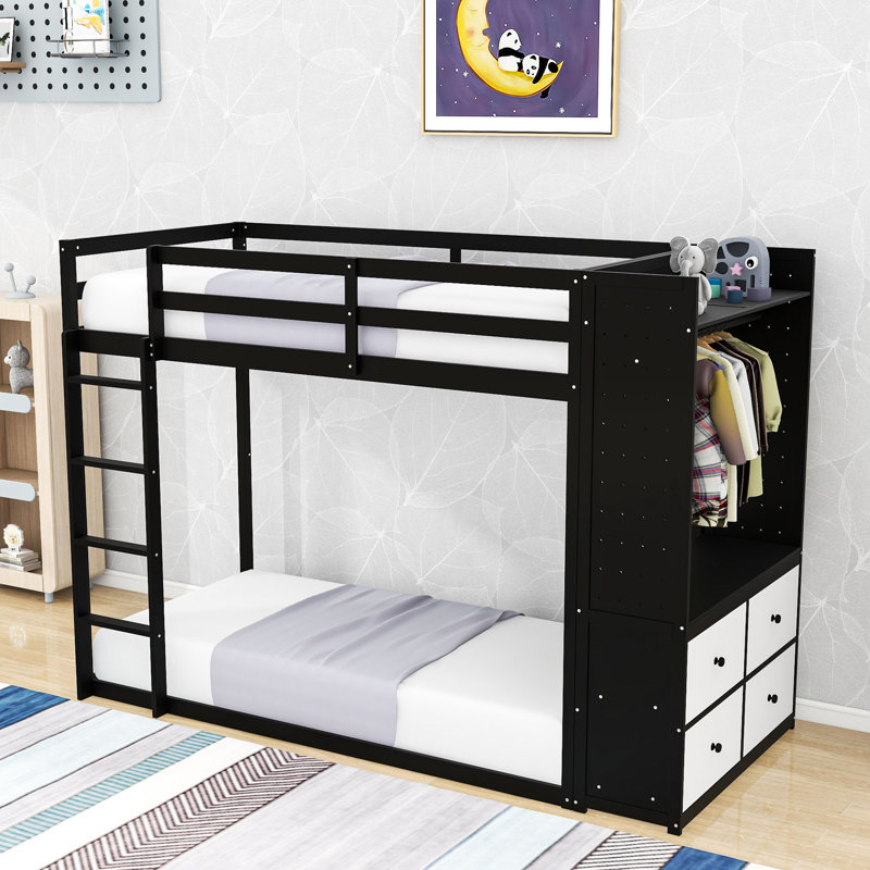 Lit superposé simple en bois avec garde-robe intégré, bande lumineuse et tiroirs de rangement, Noir