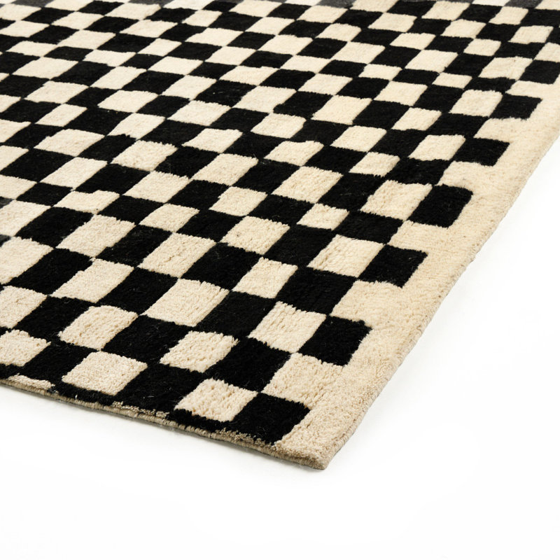 Sinead Hand Knotted Wool Checkered Area Rug in Black, Rectangle 8' x 10'