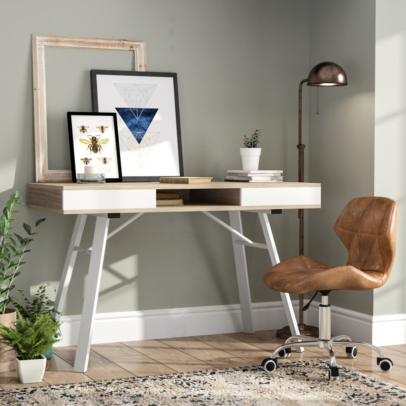 White and Oak Trestle Base Writing Desk with Drawer