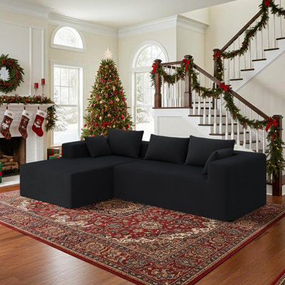 111" Cloud Sectional Couch With Corduroy Upholstered Chaise Lounge - No Assembly Required, Deep Seat Could Plush Boneless Sofa With 3 Back Pillows And
