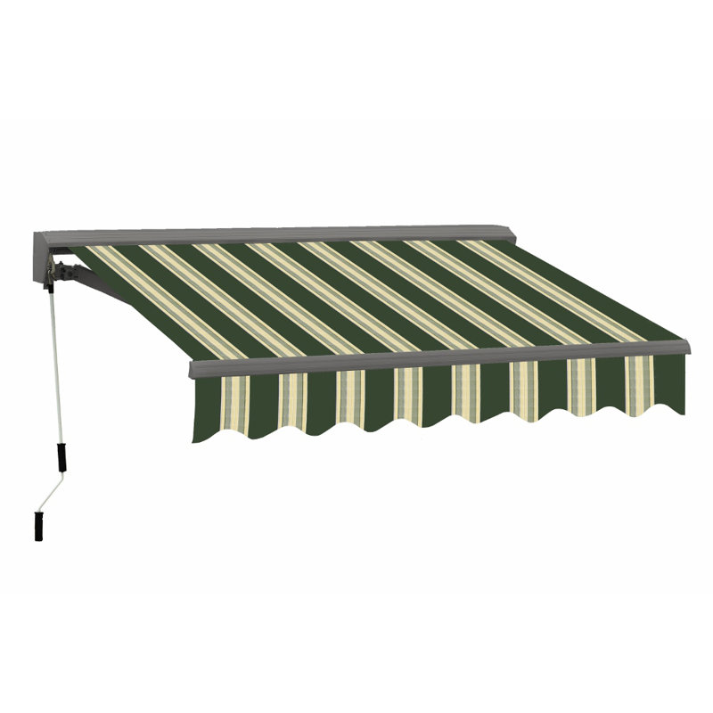 Classic Series 13'x10' Manual Hand-Crank Retractable Shade Awning, 9.8" H x 156" W x 120" D, Forest Green w/ Beige Stripes
