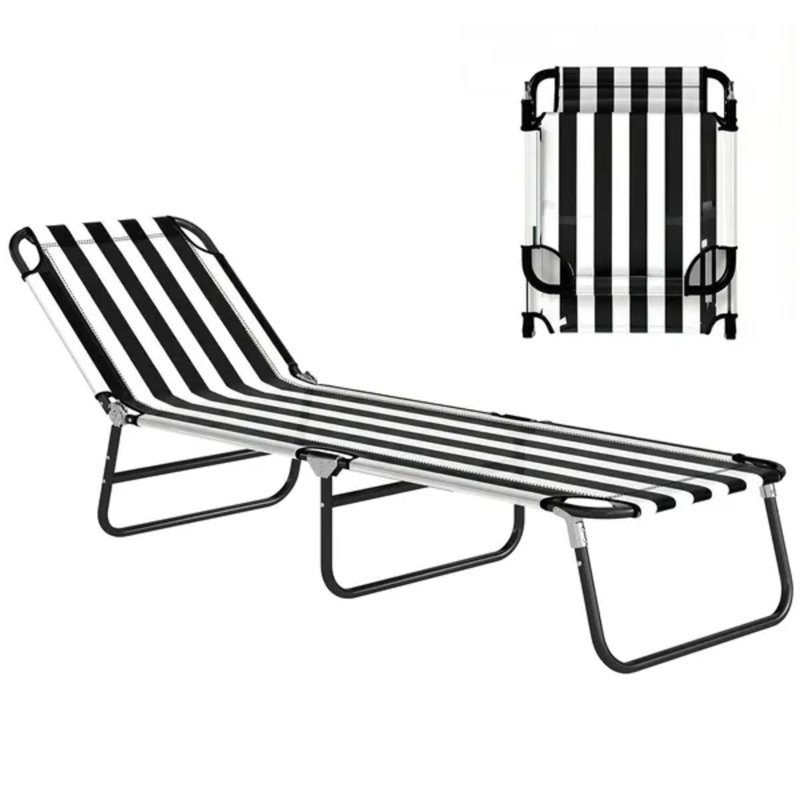 Folding Chaise Lounge Pool Chairs, Outdoor Sun Tanning Chairs with 5-Level Reclining Back, Steel Frame for Beach, Yard, Patio, Black and White