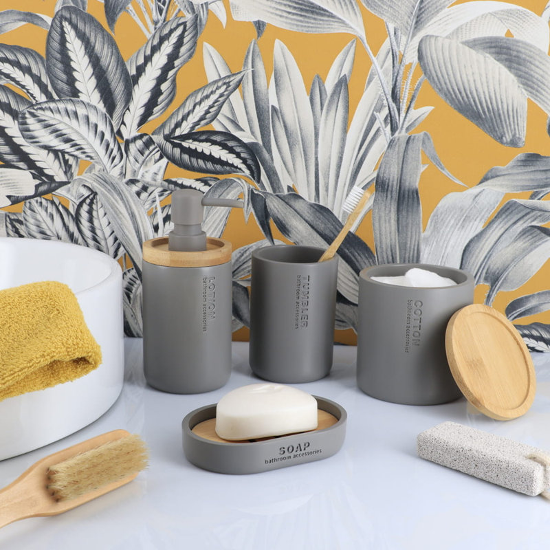 Accessoires de salle de bain avec accents naturels, ensemble moderne 6 pièces, Gris