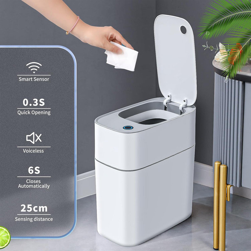 White Plastic Touchless Motion Sensor Trash Can, 3.8 Gallons