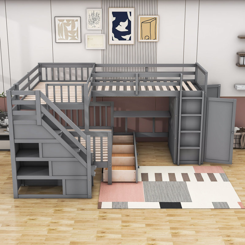 Jashya Kids Bunk Bed with Drawers, Gray
