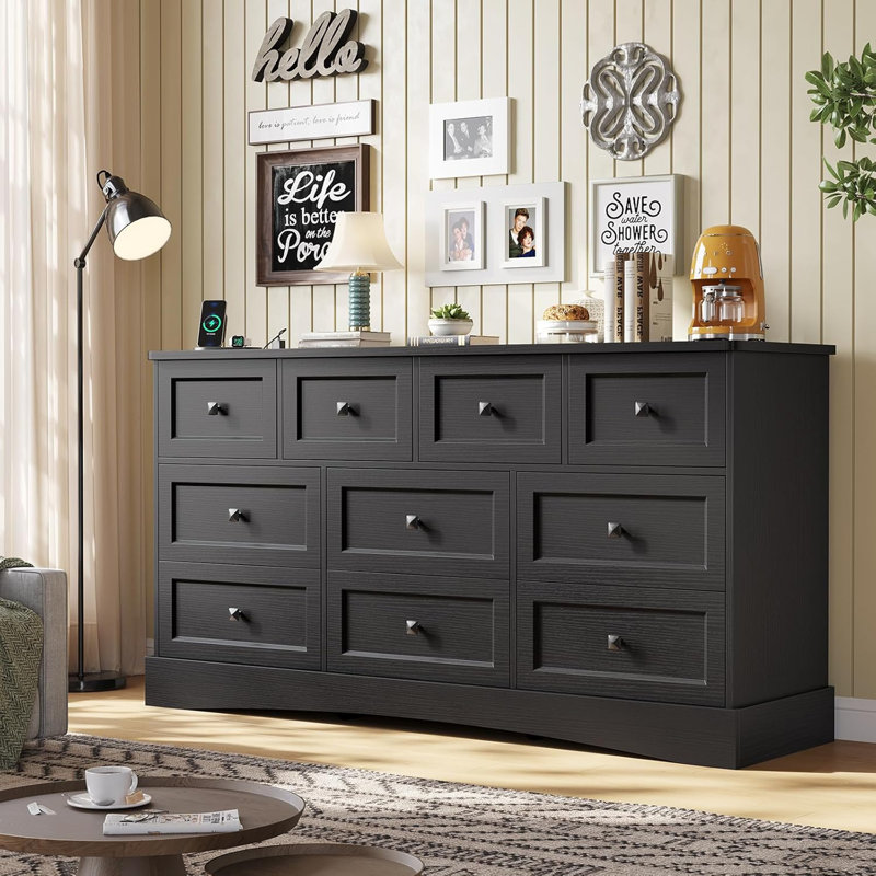 Bedroom Dresser With 10 Drawers, 55.2" Long Dresser Tv Stand With Charging Station, Farmhouse Dresser Chest Of Drawers, Large Wood Storage Tower Organizer Dresser For Bedroom Living Room