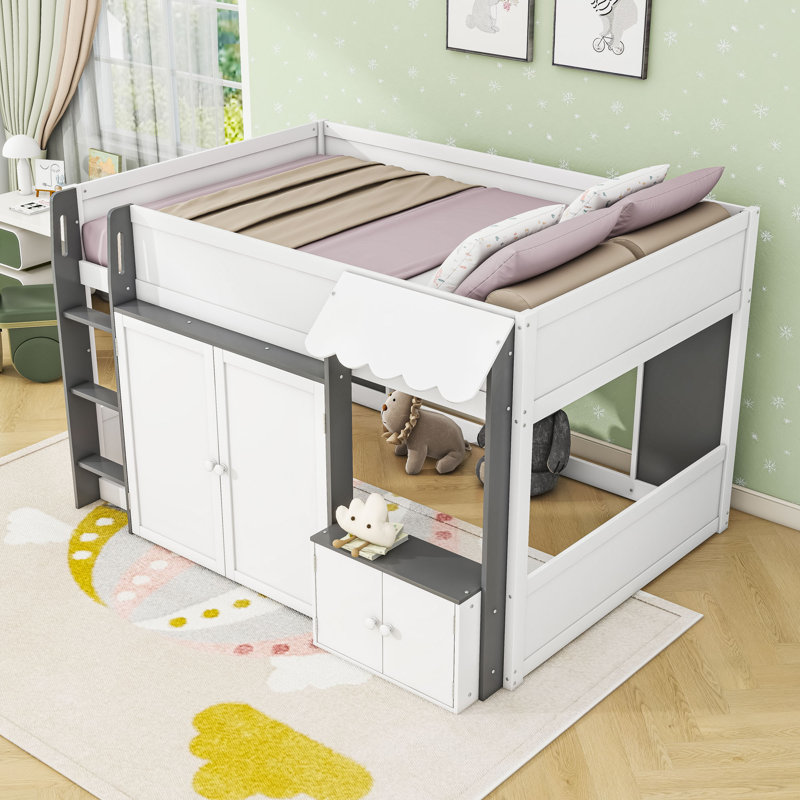 Lit mezzanine double avec échelle et armoire, Blanc / Gris