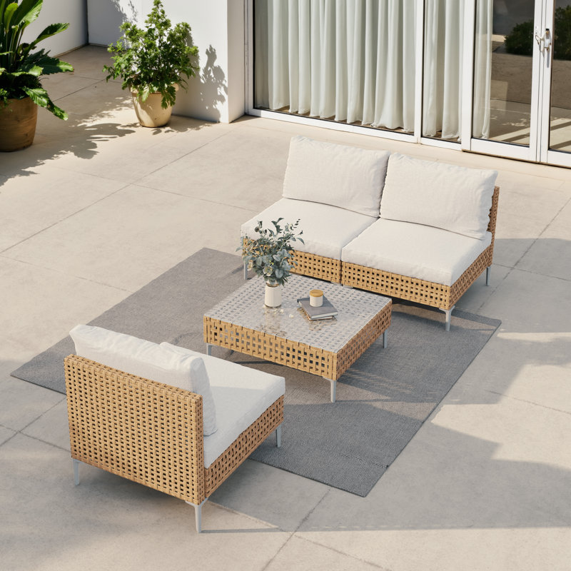 Ensemble de conversation avec coussins 4 pièces Wicker, Beige, Bois naturel