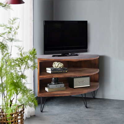 Reclaimed Wood Fan Shape Corner Media Table For Living Space - And Cleanable Matches Any Decor 43 In. D X 20.5 W 23.6 H 30.2 Lb Weight Room & Fits Decoration 43.2 Depth 20.41 Width 23.39 Height 29.98