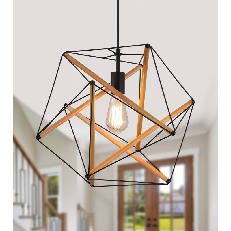 Luminaire suspendu industriel noir en métal et bois