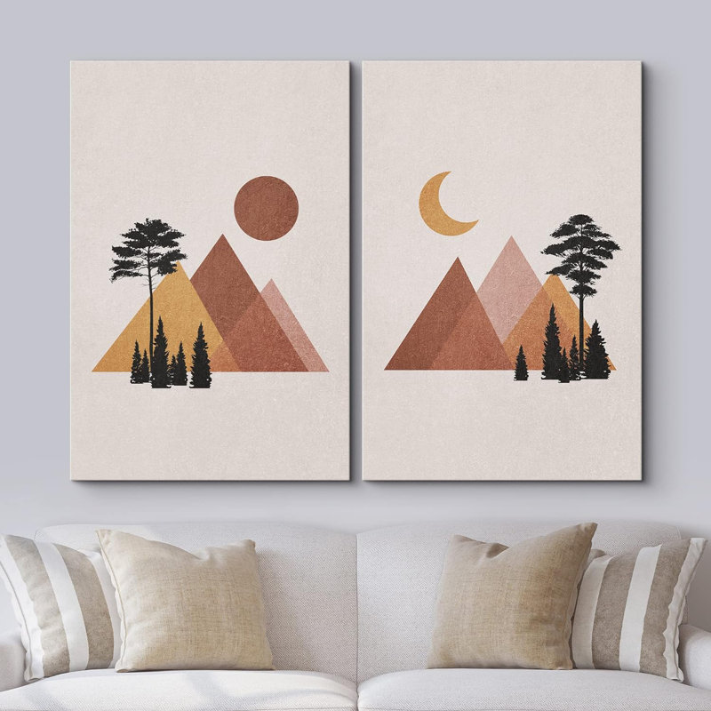 Soleil et lune, paysage de forêt, formes abstraites modernes sur toile, 2 pièces, H 24 po x l 32 po x P 1,5 po, Toile tendue