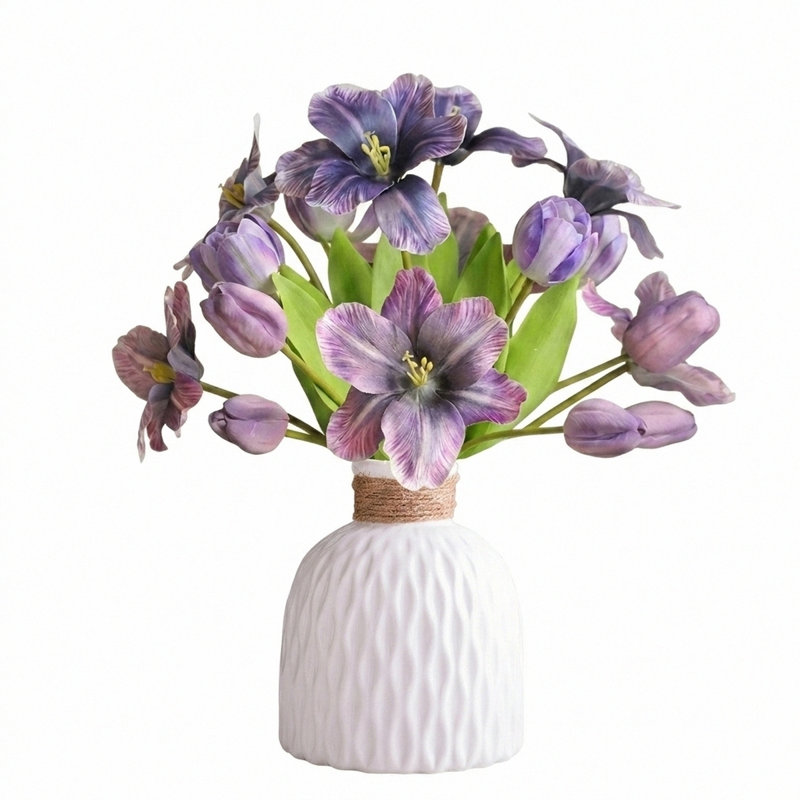 Ensemble de tulipes artificielles Real-Touch dans des vases en céramique, ensemble de faux arrangements floraux, Mauve
