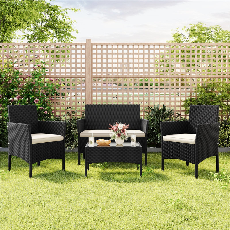 Patio Conversation Set with Cushions for Porch, Beige, Black