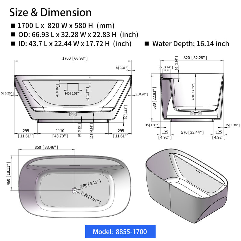 Pensen Freestanding Soaking Acrylic Bathtub, 67" L x 32.28" W x 22.83" H