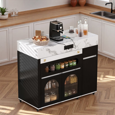 Rolling Kitchen Island With Extra-long Folding Top, Drawers, Cabinets, Power Outlet And Lockable Wheels