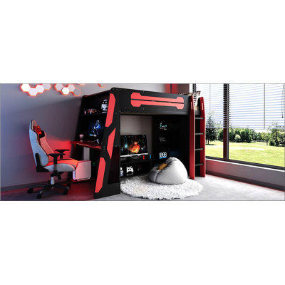 Lit mezzanine simple en bois avec bureau, tablettes multiples et lumière RVB pour les amateurs de sport
