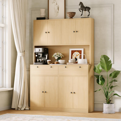 71" Tall Kitchen Pantry Storage Cabinet with Drawers, Charging Station, Coffee Bar, Countertop & Doors, Modern Farmhouse