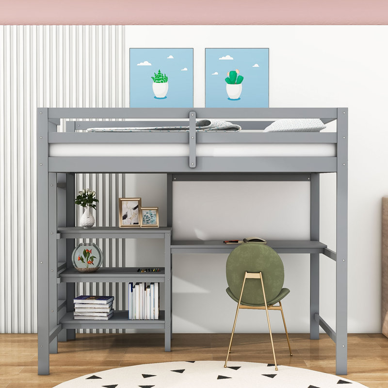 Marcia Wooden Loft Bed with Shelves,Desk and Writting Board, Gray, Twin