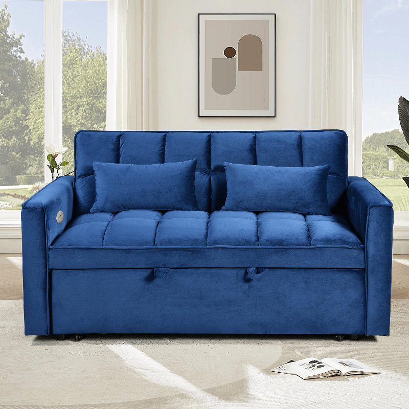 3 In 1 Convertible Sleeper Sofa Bed, Pull Out Couch For Living Room With Side Pocket, Loveseat Sleeper With Adjustable Backrest