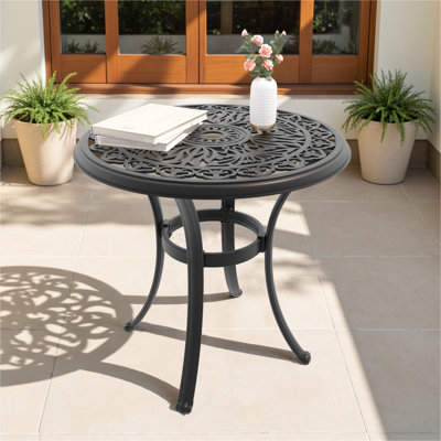 Table de salle à manger en aluminium coulé 26,77 pouces avec structure noire et trou pour parasol