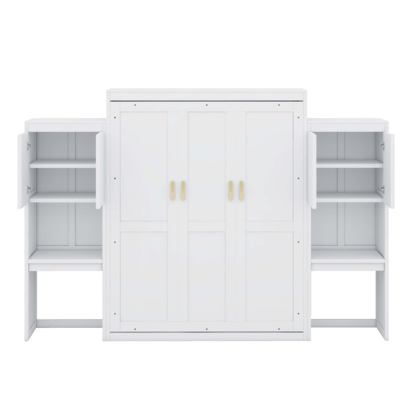Grand lit escamotable avec bureau intégré, coiffeuse et armoires de rangement spacieuses, Blanc