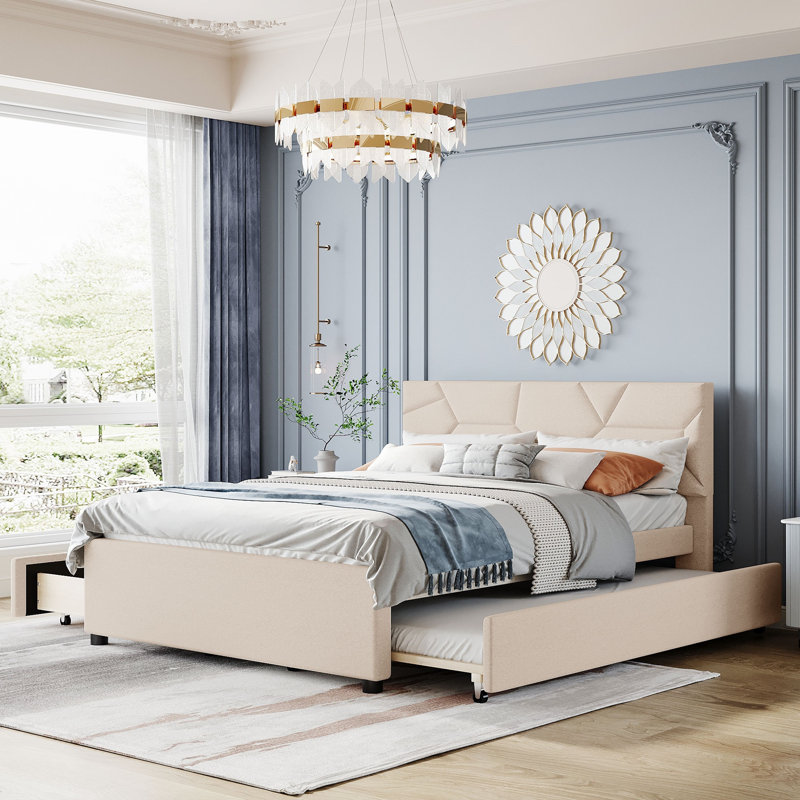 Lit plateforme double tapissier avec tête de lit à motif brique, gigogne simple et 2 tiroirs de rangement, tissu en lin, beige