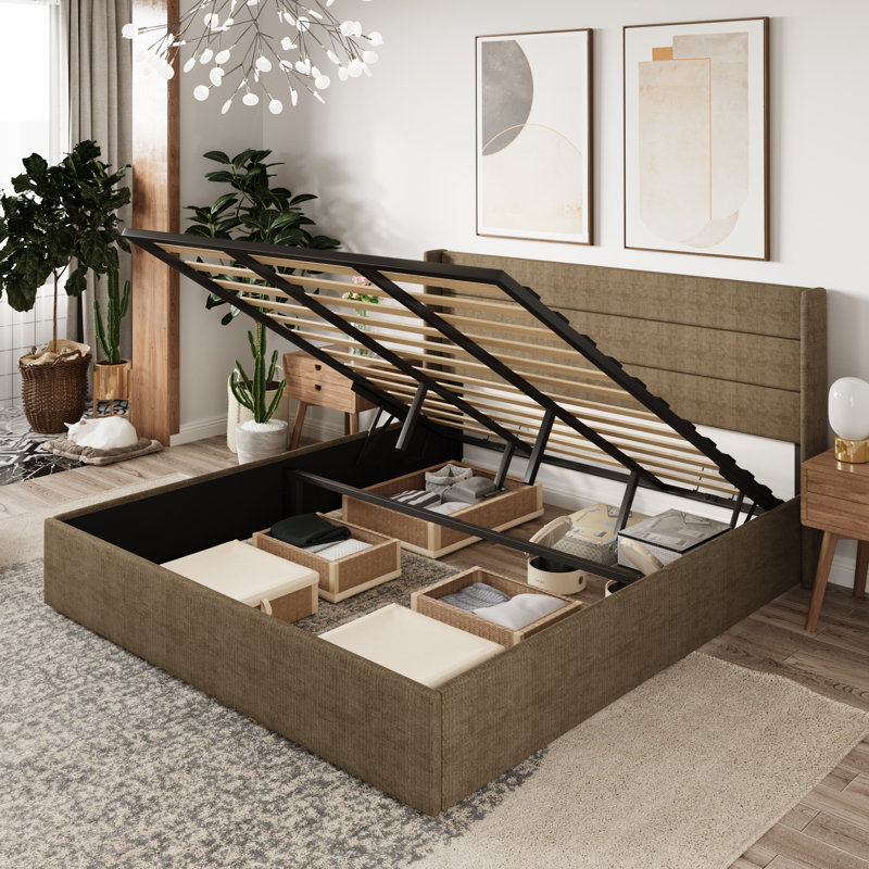 Braya Hydraulic Lift Up Storage Upholstered Platform Bed, King, Brown Chenille