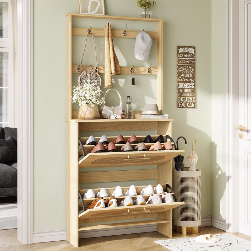 Shoe Cabinet With 2 Flip Drawers, Oak