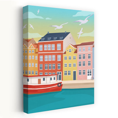 Affiche murale représentant un paysage urbain abstrait et coloré de Copenhague avec des oiseaux.