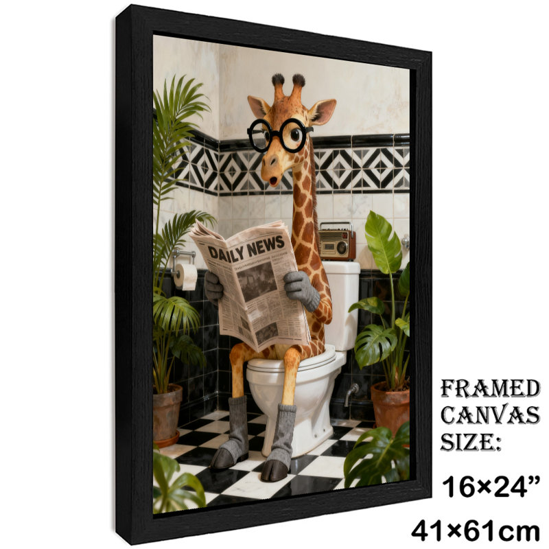 Black Framed Vintage Giraffe reading newspaper on bathroom toilet Wall Art Retro Style Framed Prints, 25" H x 17" W
