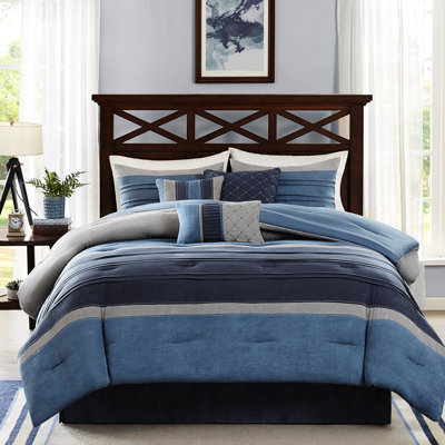 Édredon 7 pièces bleu marine - grand lit, coussins rembourrés en suède, motif plissé