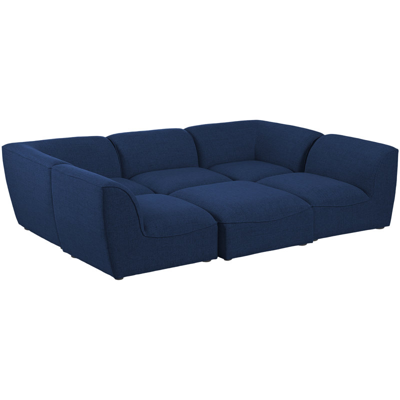 Calvie Upholstered U-Shaped Sectional with Ottoman Reversible, Navy Linen Textured Fabric